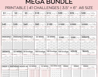A6 Savings Challenge Printable Mega bundle,mini savings tracker, Finance Planner, A6 Cash binder & Envelope, low income Saving, funds saving