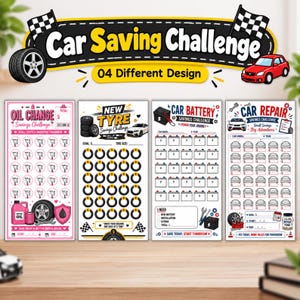 Può includere: Quattro tracker rettangolari Car Saving Challenge con design distinti per cambi olio, pneumatici nuovi, batterie auto e riparazioni. Ogni foglio include icone grafiche per tracciare gli obiettivi di risparmio con spazi per date, totali e dettagli.