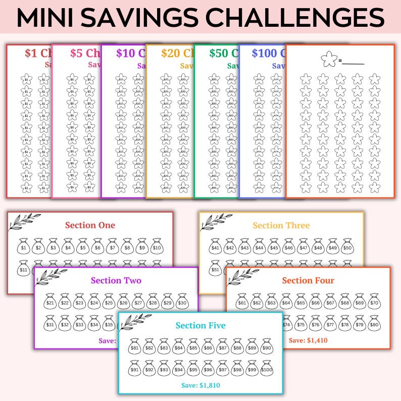 May include: A printable savings challenge chart with sections for saving $1, $5, $10, $20, $50, and $100. The chart features a grid of stars to track progress. The chart also includes sections for saving $1 to $10, $21 to $30, $41 to $50, $61 to $80, and $81 to $100. The chart includes the total amount saved for each section.