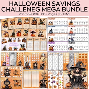 May include: A collection of Halloween-themed printable PDF pages. The bundle includes savings challenges, trackers, and "Trick or Treat" designs. The color palette features orange, black, and white, with illustrations of pumpkins, witches, and ghosts. The text reads "HALLOWEEN SAVINGS CHALLENEG MEGA BUNDLE".