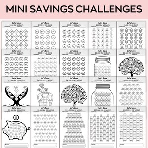 May include: A printable sheet with 16 different savings challenges. Each challenge has a goal amount, a time frame, and a visual representation of the savings goal. The challenges range from saving $100 in 30 days to $25,000 in 52 weeks.