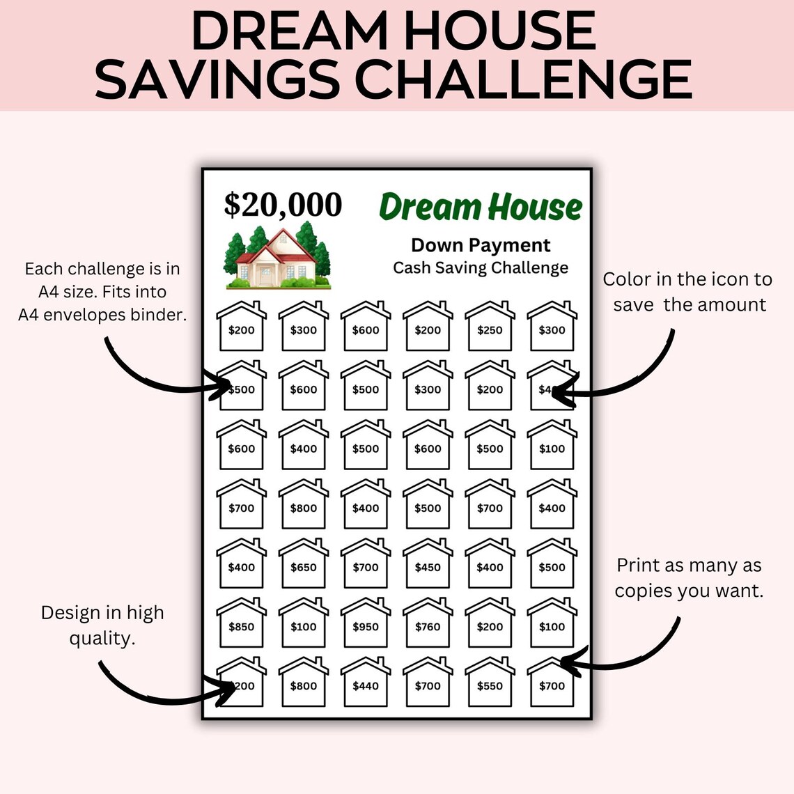 Dream House Savings Challenge Printable, Home Deposit Money Tracker ...
