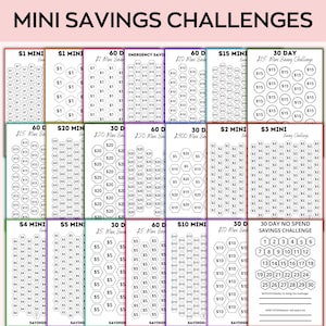 May include: A printable sheet with 12 different savings challenges. Each challenge has a different amount of money to save each day, ranging from $1 to $10. The challenges are designed to help people save money over a period of 30 or 60 days. The sheet also includes a 30-day no spend savings challenge.