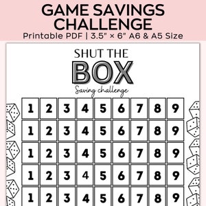 May include: A printable "Shut the Box" game savings challenge. The game board features a grid of numbers 1 through 9, with five rows of numbers. The game is designed to help people save money.