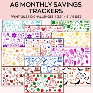 May include: Twelve printable monthly savings trackers, each with a different theme and design. The trackers feature various illustrations, including snowflakes, hearts, shamrocks, ducks, stars, suns, pencils, ice cream cones, bats, ghosts, apples, and Christmas trees. Each tracker has a goal amount printed on it, ranging from $100 to $250.
