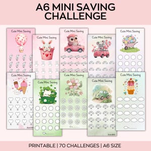 May include: A collection of printable A6 mini saving challenge cards. Each card features a different cute illustration, including animals, flowers, and desserts. The cards have spaces to track savings goals. Text on the cards reads "Cute Mini Saving".