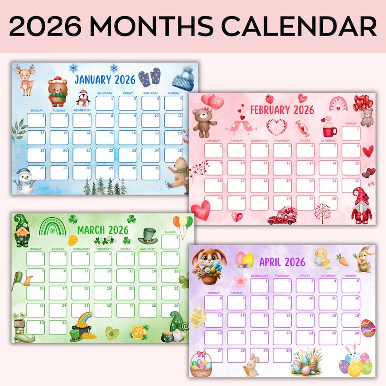 2026 Kalender Druckbares Bündel, Monatsplaner Landschaft, Minimaler Monatskalender 2026 Druckbar, Wandkalender 2026 Monatlich Bild 2