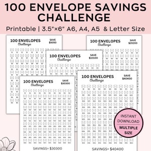 Op de afbeelding: Vier printbare 100-envelop-spaaruitdagingen. Elk blad heeft een ander spaardoel: € 5.050, € 10.100, € 30.300 en € 40.400. De bladen zijn zwart-wit en hebben een eenvoudig envelopontwerp.