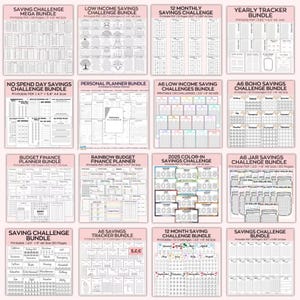 May include: A collage of printable budget and savings challenge worksheets. The worksheets are organized into bundles with titles like "Saving Challenge Mega Bundle", "Low Income Savings Challenge Bundle", "No Spend Day Savings Challenge Bundle", "Personal Planner Bundle", "A6 Low Income Saving Challenges Bundle", "A6 Boho Savings Challenge Bundle", "Budget Finance Planner Bundle", "Rainbow Budget Finance Planner", "2025 Color-In Savings Challenge", "A6 Jar Savings Challenge Bundle", "Saving Challenge Bundle", "A6 Savings Tracker Bundle", and "12 Month Saving Challenge Bundle".