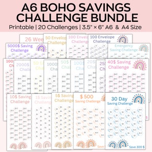 A6 Savings Challenge Printable, Boho Saving Money tracker bundle, Saving Funds, A6 Sized Mini Saving Challenge Trackers, Set Of 20