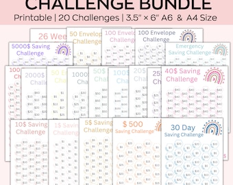 A6 Savings Challenge Printable, Boho Saving Money tracker bundle, Saving Funds, A6 Sized Mini Saving Challenge Trackers, Set Of 20