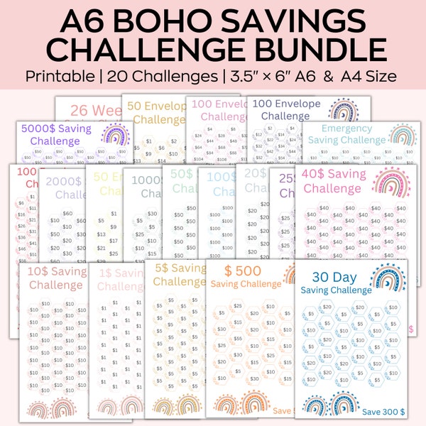 A6 Savings Challenge Printable, Boho Saving Money tracker bundle, Saving Funds, A6 Sized Mini Saving Challenge Trackers, Set Of 20