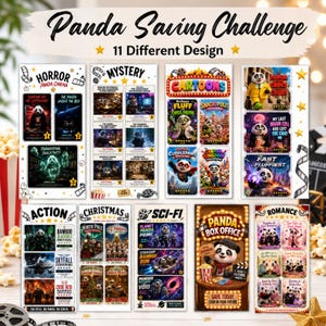 May include: A Panda Saving Challenge set featuring 11 different movie-themed designs. Each card displays panda illustrations with titles like Horror, Mystery, Cartoons, Action, Christmas, Sci-Fi, and Romance, organized in a grid with film strip accents.