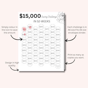 15K Savings Challenge Printable in One Year, Save 15000 in 52 Weeks ...