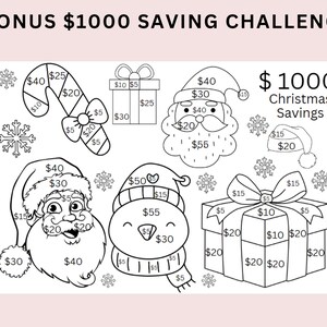 May include: Black and white illustration of a Christmas savings challenge. The image features a Santa Claus, a snowman, a candy cane, a gift box, and a stocking. Each item is divided into sections with dollar amounts written inside. The text "BONUS $1000 SAVING CHALLENGE" is at the top of the image. The text "$1000 Christmas Savings" is in the upper right corner of the image.