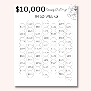 May include: A black and white printable chart with a flower graphic. The chart is titled "$10,000 Saving Challenge in 52 Weeks". The chart is divided into 52 sections, each with a dollar amount. The amounts range from $125 to $300.