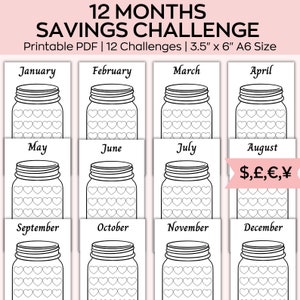 Może przedstawiać: Drukowalne 12-miesięczne wyzwanie oszczędzania z wzorem słoika. Każdy miesiąc ma słoik ze 100 sercami do pokolorowania, gdy oszczędzasz pieniądze. Tekst na stronie brzmi "12 Months Savings Challenge, Printable PDF | 12 Challenges | 3.5" x 6" A6 Size".