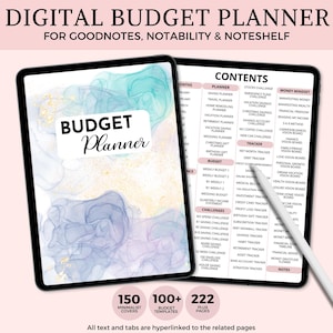 Planificador de presupuesto digital, Planificador GoodNotes, Presupuesto mensual, Desafío de ahorro de 5000 dólares, Planificador financiero, Plantillas de resumen anual