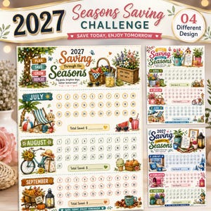 Könnte beinhalten: Ein 2027 Seasons Saving Challenge Sparplaner mit saisonalen Illustrationen für Juli, August und September. Das Layout enthält nummerierte Kreise für tägliche Ersparnisse, Zeilen für den Gesamtbetrag und dekorative Elemente wie Fahrräder.