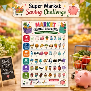 Pode incluir: Uma folha de rastreamento Market Savings Challenge com ícones coloridos para categorias de casa, comida, bem-estar, aprendizado e viagens com valores. O gráfico inclui uma ilustração de porquinho, um carrinho e uma seção de instruções.