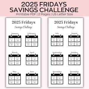 May include: A printable PDF savings challenge calendar for 2025. The calendar is divided into 12 months, with each month showing four weeks. Each week has a suggested amount to save, starting at $3 in January and increasing to $26 in December.