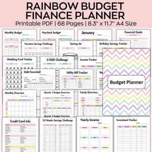Rainbow budget financieel planner bundel afdrukbaar, digitaal financieel dagboek, financieel planner bundel A4 pdf-boek, budgetplanner bindmiddel 2025