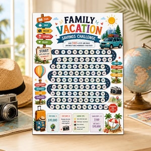 May include: A Family Vacation Savings Challenge poster featuring a winding path with numbered circles from 10 to 100. The design includes a blue SUV, a hot air balloon, travel signs, and text stating Save $100 a step and make unforgettable memories together.
