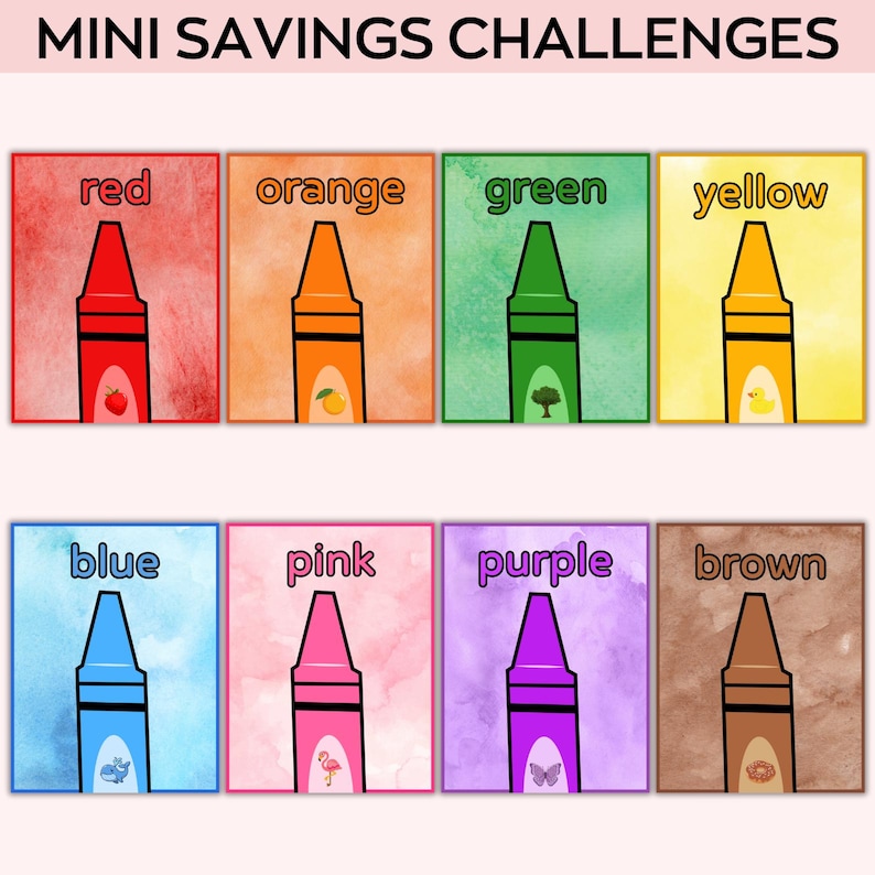 May include: A set of 10 colorful crayon-shaped cards with the name of each color written at the top. The colors are red, orange, yellow, green, blue, pink, purple, brown, black, and white.