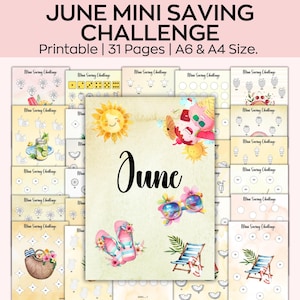 Può includere: Una raccolta di pagine stampabili per la June Mini Saving Challenge. La copertina presenta la parola "June" in corsivo, con illustrazioni di occhiali da sole, infradito e sedie a sdraio. È visibile anche il testo "Printable | 31 Pages | A6 & A4 Size".