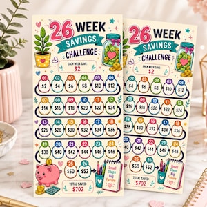 Op de afbeelding: Een 26-weken spaarchallenge tracker gedrukt op papier, met kleurrijke genummerde cirkels van 1 tot 26 met dollarbedragen, een spaarvarken, een pot met geld, een kamerplant en een notitieblok met de tekst Small Steps Big Future.