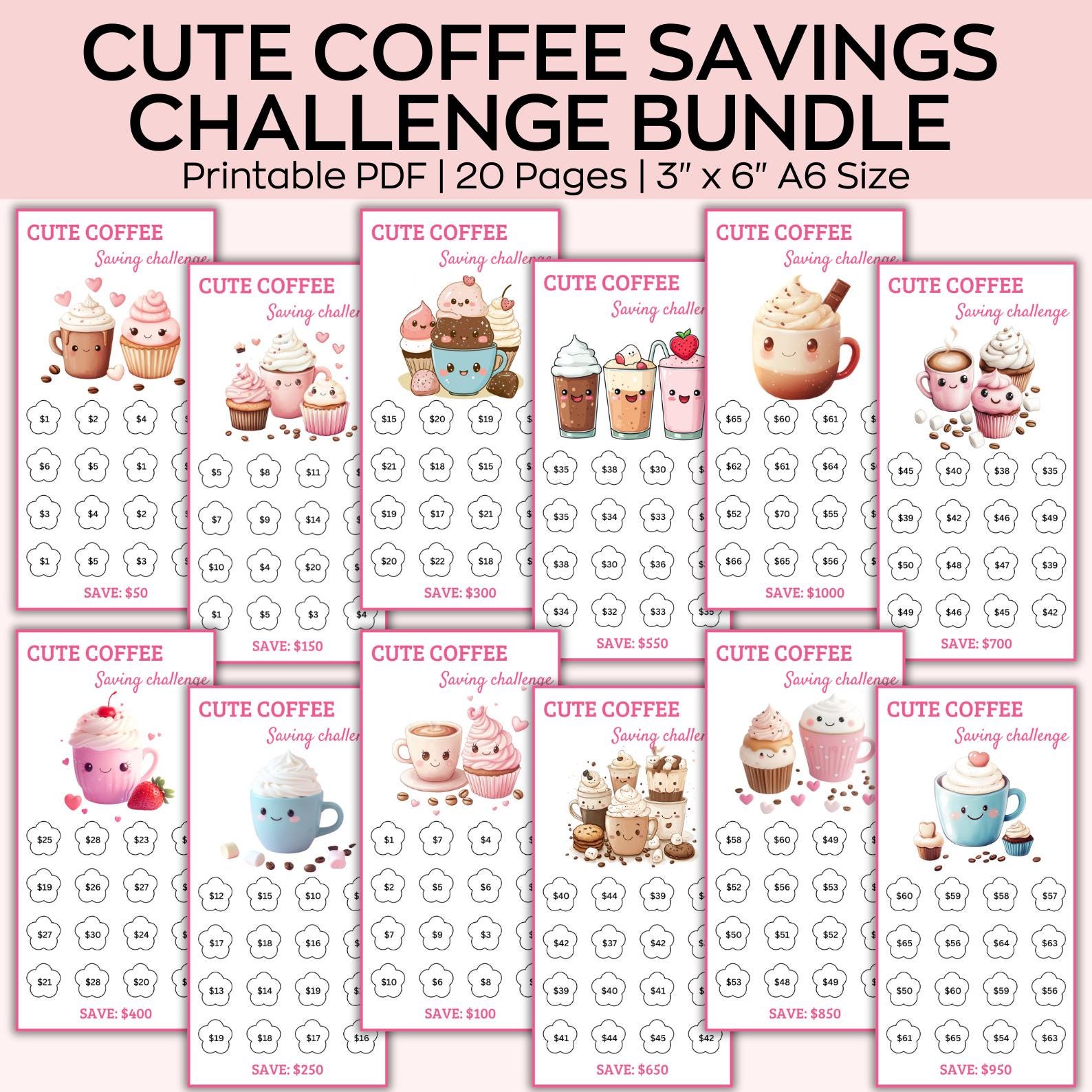 A6 Cute Coffee Savings Challenge Printable Bundle, Delicious