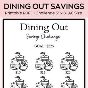 Reto de ahorro para comer fuera (tamaño A6), mini reto de ahorro, fondo de reserva, ahorra 255 dólares, registro de ahorros imprimible, cabe en un sobre de efectivo tamaño A6.