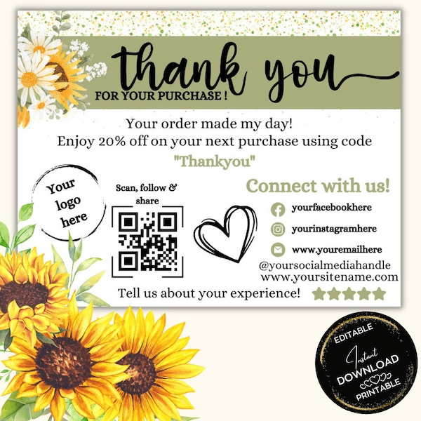 Small Business Thank You Card, Editable Small Busines card,Custom Package Inserts,Appreciation Notes,Printable Customer Card,Canva Template