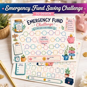 May include: A printed Emergency Fund Saving Challenge tracker sheet featuring a path of colorful geometric shapes, a jar illustration with text, a pink piggy bank, a goal list, and a watering can. The text reads Emergency Fund Challenge.