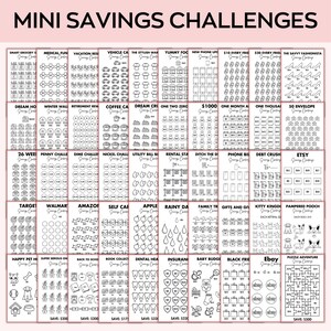 May include: A black and white printable sheet with 30 different savings challenges. Each challenge has a title and a grid of circles to color in as you save money. The challenges include saving for a new phone, a vacation, a coffee fund, and more.