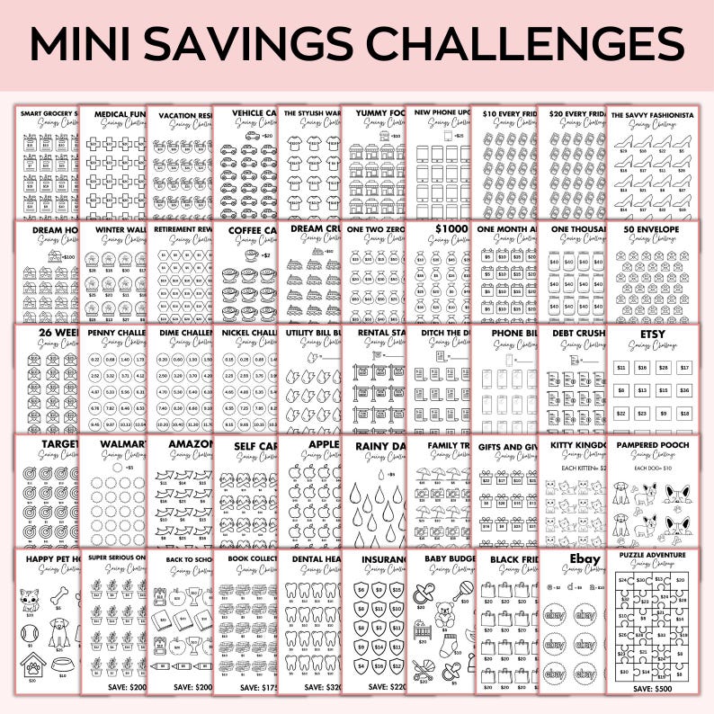May include: A black and white printable sheet with 30 different savings challenges. Each challenge has a title and a grid of circles to color in as you save money. The challenges include saving for a new phone, a vacation, a coffee fund, and more.