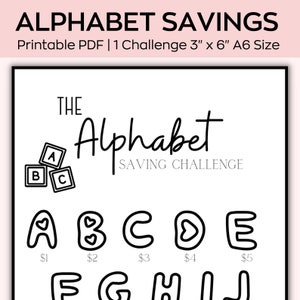May include: A printable alphabet savings challenge chart. The chart features a black and white illustration of a stack of alphabet blocks and the text "The Alphabet Saving Challenge". Below the text are black and white illustrations of the letters A through J, each with a pound sterling amount listed below.