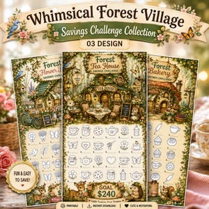 Può includere: Un set di tre tracker di risparmio Whimsical Forest Village con illustrazioni di un negozio di fiori, una sala da tè e un panificio. Ogni foglio include icone da colorare, un obiettivo di risparmio di 240 $ e bordi floreali decorativi.