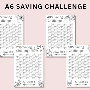 May include: A printable A6 saving challenge with four different options: $10, $20, $40, and $50. Each option has a grid of hexagons with the amount to save in each hexagon. The grids are surrounded by floral designs. The text "Save 600$", "Save 1200$", "Save 2400$", and "Save 3000$" is below each grid.
