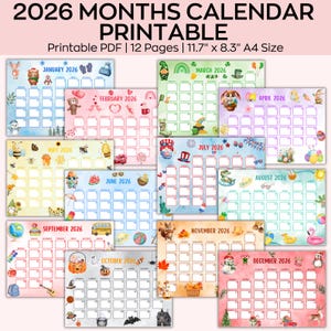 2026 Calendar Printable bundle, Monthly Planner Landscape, Minimal Monthly Calendar 2026 Printable, 2026 Wall Calendar Monthly