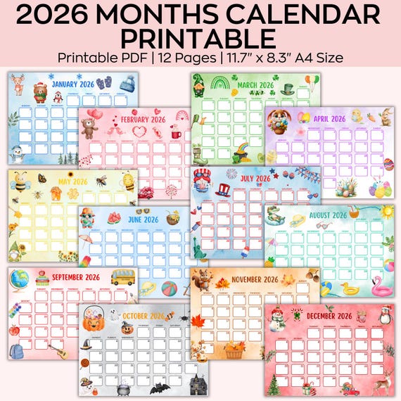 2026 Calendar Printable bundle, Monthly Planner Landscape, Minimal Monthly Calendar 2026 Printable, 2026 Wall Calendar Monthly