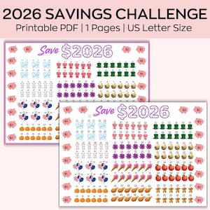 Pode incluir: Duas folhas imprimíveis do Desafio de Poupança 2026 com ilustrações de porquinhos-mealheiros, borboletas e trevos. O texto "Save $2026" é exibido. As folhas são no tamanho US Letter.