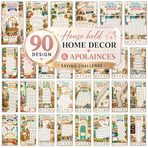 Può includere: Una collezione di 90 tracker di risparmio stampabili per decorazioni domestiche ed elettrodomestici. Ogni scheda rettangolare presenta illustrazioni colorate di varie stanze e obiettivi di risparmio specifici con icone numerate per monitorare i progressi.