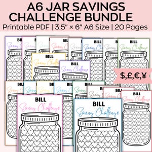 Może przedstawiać: Zestaw 20 drukowalnych stron PDF w formacie A6 do wyzwania oszczędzania w słoiku. Każda strona zawiera czarno-biały zarys słoika z sercami w środku. Tekst "BILL Saving Challenge" znajduje się na górze każdej strony. Tekst ",£,€,¥" znajduje się na dole strony.