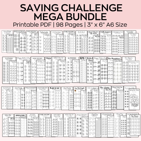 Geld-Spar-Challenge Mega Bundle, A6 Spar-Tracker Printables, Mini-Spar-Challenge, Budgetordner, Finazplaner, 100 Umschläge