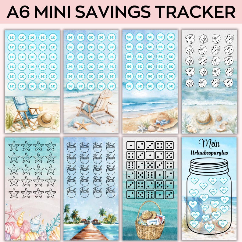 May include: A6 Mini Savings Tracker featuring eight different designs. The designs include illustrations of a beach scene, dice, stars, cocktails, and a jar with hearts. The text on the top reads "A6 Mini Savings Tracker".