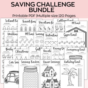 Op de afbeelding: Een printbare PDF-bundel met 20 spaaruitdagingstrackers. Elke pagina heeft een ander thema, zoals school, reizen, vakantie, college, huisdier, bruiloft, zonnig, Valentijnsdag, sportschool, baby, kerstmis, cadeau, vakantie, regenachtige dag, noodfonds, auto, huis en vakantie. Elke pagina bevat een sectie voor de startdatum, de doeldatum en het vastgestelde doel.