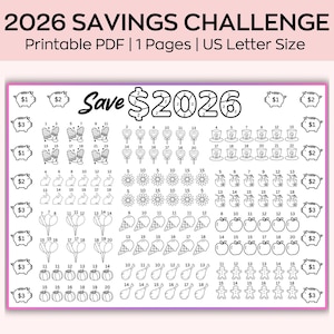 May include: A printable 2026 savings challenge sheet with various illustrations, including piggy banks, mittens, and flowers. The sheet is designed for US Letter size paper and features the text "Save $2026".