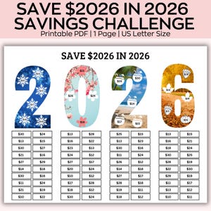 Puede incluir: Un desafío de ahorro imprimible para 2026, diseñado para ayudar a ahorrar $2026. El diseño presenta los números 2026, cada uno con un tema estacional único: copos de nieve, flores de cerezo, playa y hojas de otoño. Incluye una cuadrícula.