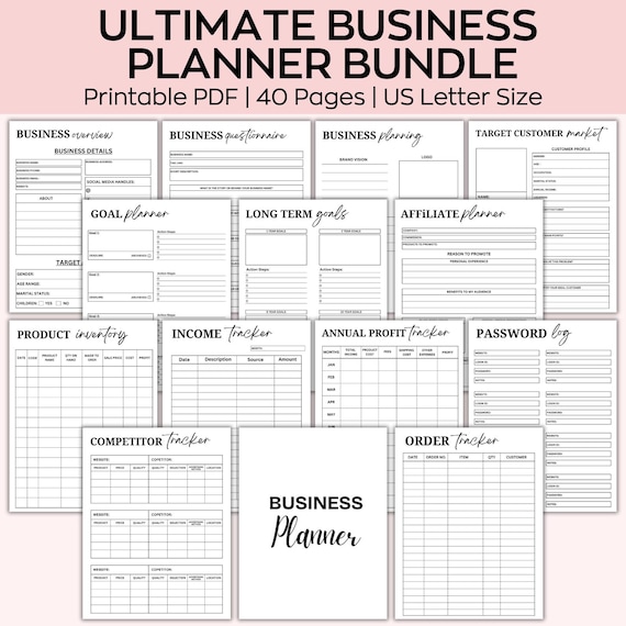 printable business planner bundle business workbook for business plan, finance, set for adults, affiliates, an undated planner for Clients